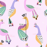 a repeating pattern of colorful birds, including peacocks and parrots, against a pink background. The birds are depicted in various poses and sizes, creating a lively and dynamic visual effect.