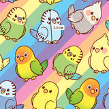 a pattern of colorful cartoon parakeets or parrots, each with unique features and vibrant colors. The birds are arranged in a repeating pattern against a background with a rainbow-colored stripe. The image does not contain any text or additional objects, and the focus is solely on the birds and their colorful appearance.