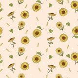 a repeating pattern of yellow sunflowers and green leaves against a light pink background.