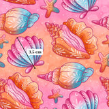 The image is a vibrant and whimsical pattern featuring various colorful seashells and starfish against a pink and orange background.