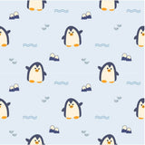 a repeating pattern of penguins and small sea creatures against a light blue background.