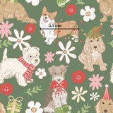 The image is a repeating pattern of various dog illustrations, including a Corgi, a Pomeranian, and a Golden Retriever, all wearing festive accessories such as hats and scarves, surrounded by flowers and other decorative elements.