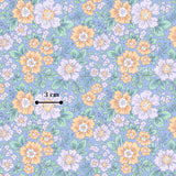 The image is a repeating pattern of various flowers in shades of orange, white, and purple against a light blue background.