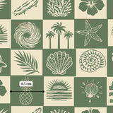 a collection of stylized illustrations of tropical and marine elements, including palm trees, flowers, shells, and a pineapple, arranged in a grid-like pattern.