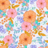 The image is a vibrant and colorful floral pattern featuring a variety of flowers and leaves in shades of orange, pink, blue, and green.