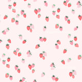 a repeating pattern of pink and red strawberries scattered across a light pink background.