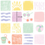 a drawing of a beach scene with the words here comes the sun