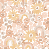 a pattern of flowers and a rainbow on a white background