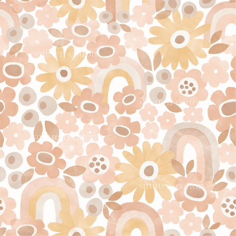 a pattern of flowers and a rainbow on a white background