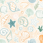 a drawing of seashells and starfish on a white background