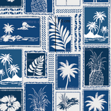 a blue and white pattern with palm trees