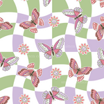 a pattern of pink and green butterflies on a checkered background