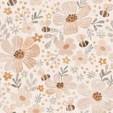 a pattern of flowers and a bee on a white background