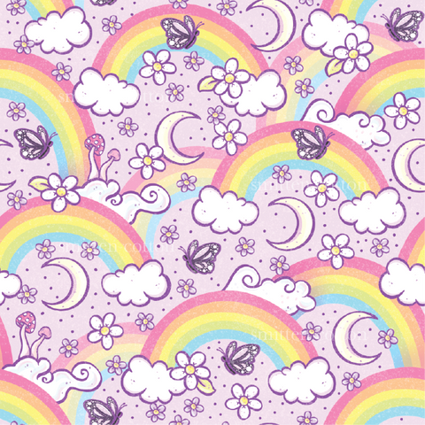 a pattern of rainbows, clouds, and butterflies