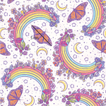 a pattern of butterflies and rainbows on a white background