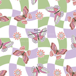 a pattern of pink and green butterflies on a checkered background