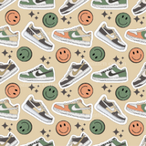 a pattern of sneakers and stars on a beige background