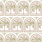 a pink and gold wallpaper with arches and palm trees