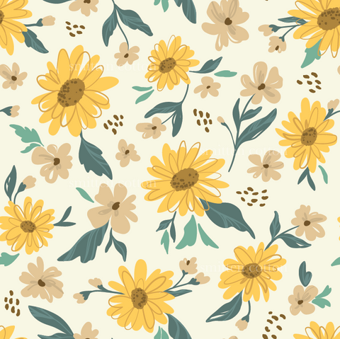 a yellow and green flower pattern on a white background