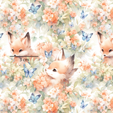 a picture of a fox with flowers and butterflies