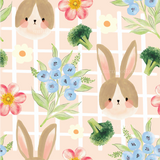 a pattern of rabbits and flowers on a pink background