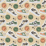 a pattern of sneakers and stars on a beige background