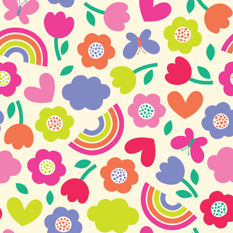 a pattern of hearts, flowers, and rainbows