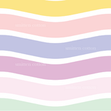 a pastel rainbow striped background with white text