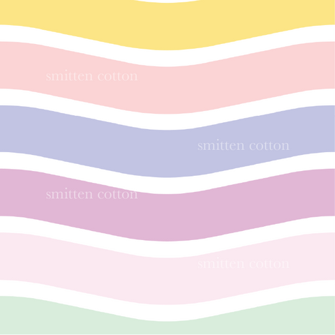 a pastel rainbow striped background with white text