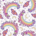 a pattern of butterflies and rainbows on a white background