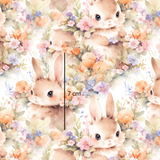 a pattern of rabbits and flowers on a white background