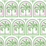 a green and pink pattern with arches and palm trees