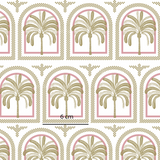 a pink and gold wallpaper with arches and palm trees