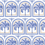 a blue and white wallpaper with arches and palm trees