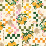 a pattern of oranges and flowers on a checkered background