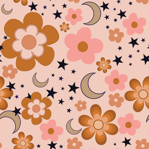 a flower and stars pattern on a pink background