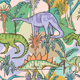 a pattern of dinosaurs and plants on a pink background