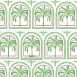 a pattern of arches and palm trees in green and pink