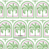 a pattern of arches and palm trees in green and pink