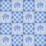 a blue and white checkered pattern with a palm tree