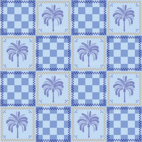 a blue and white checkered pattern with a palm tree