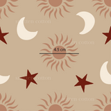 a beige background with red stars and a sun