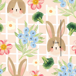 a pattern with a rabbit and flowers on a pink background