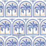 a blue and white pattern with palm trees