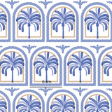 a blue and white pattern with palm trees