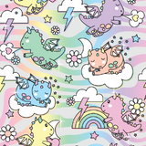 a pattern with unicorns, clouds, and stars