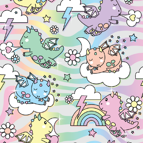 a pattern with unicorns, clouds, and stars