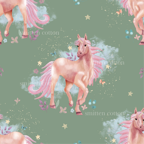 a watercolor painting of a pink horse on a green background