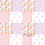 a patchwork pattern with flowers and peace signs